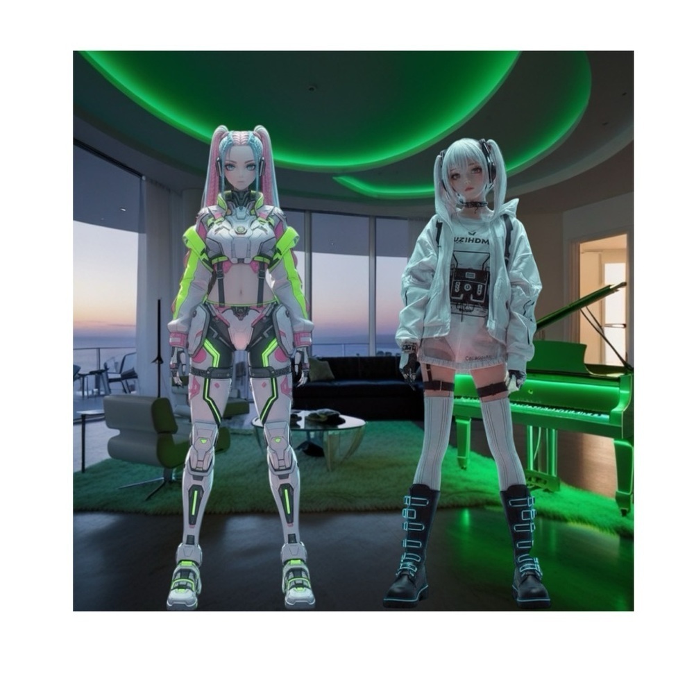 HANDCRAFTED digital art print Neon Green and White Sci-Fi figures by me